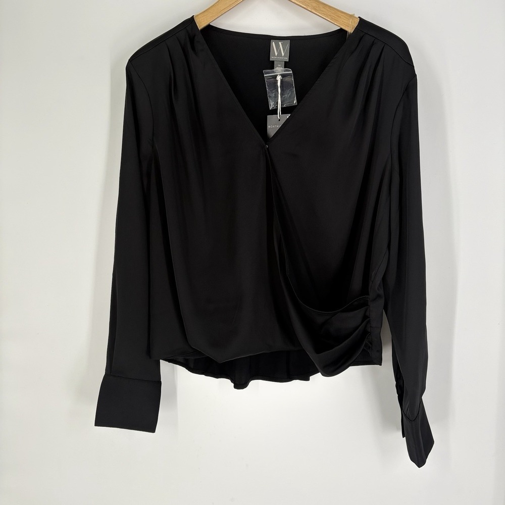 Worthington‎ Womens V Neck Satin Wrap Top Size 1X Black Career Evening Cocktail